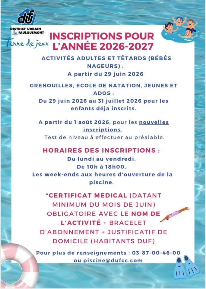 Inscriptions à la Piscine pour 2026/2027